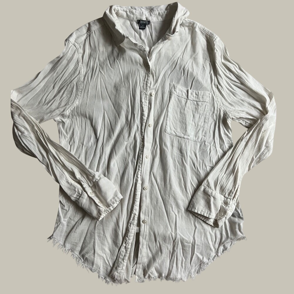 Aerie White Button Down Shirt Raw Hem Long Sleeve Cotton Viscose Small
